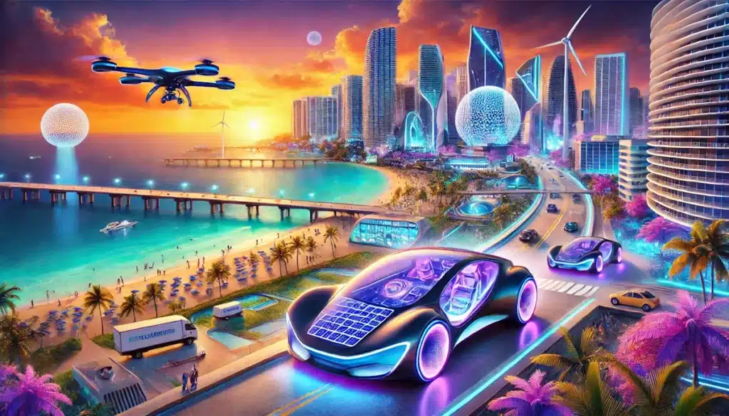 Ar-condicionado Automotivo Avançado 2024: Balanço e Conquistas 1 Miami futurista com ar-condicionado automotivo avançado 2024 nos carros flutuantes, arranha-céus verdes e clima tropical.