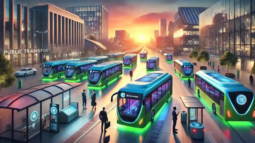 Ônibus ultramodernos em pátio com edifícios futuristas ao amanhecer.