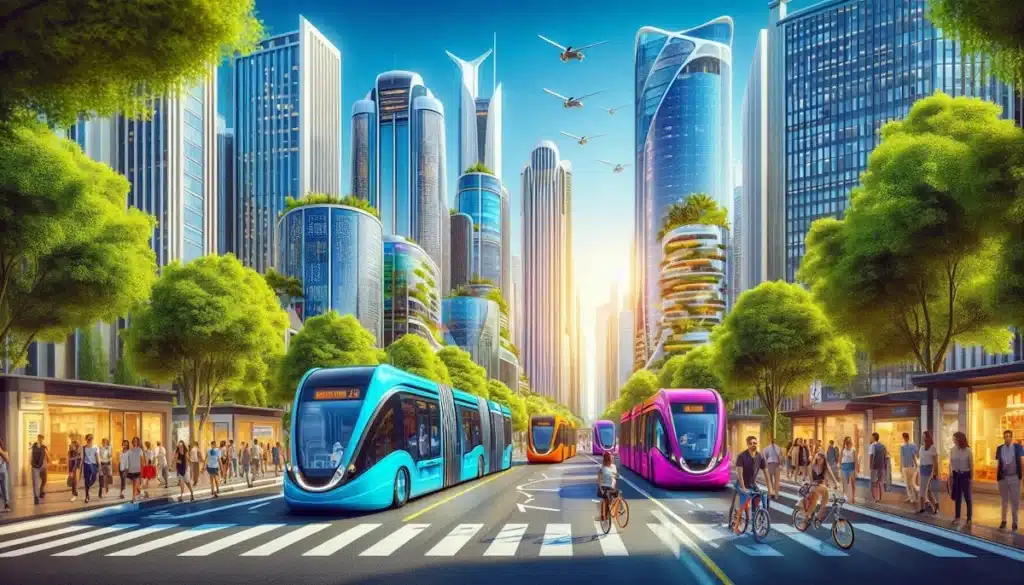 Descarbonização Transporte Público ilustrada na Avenida Paulista com ônibus elétricos modernos circulando em dia ensolarado.