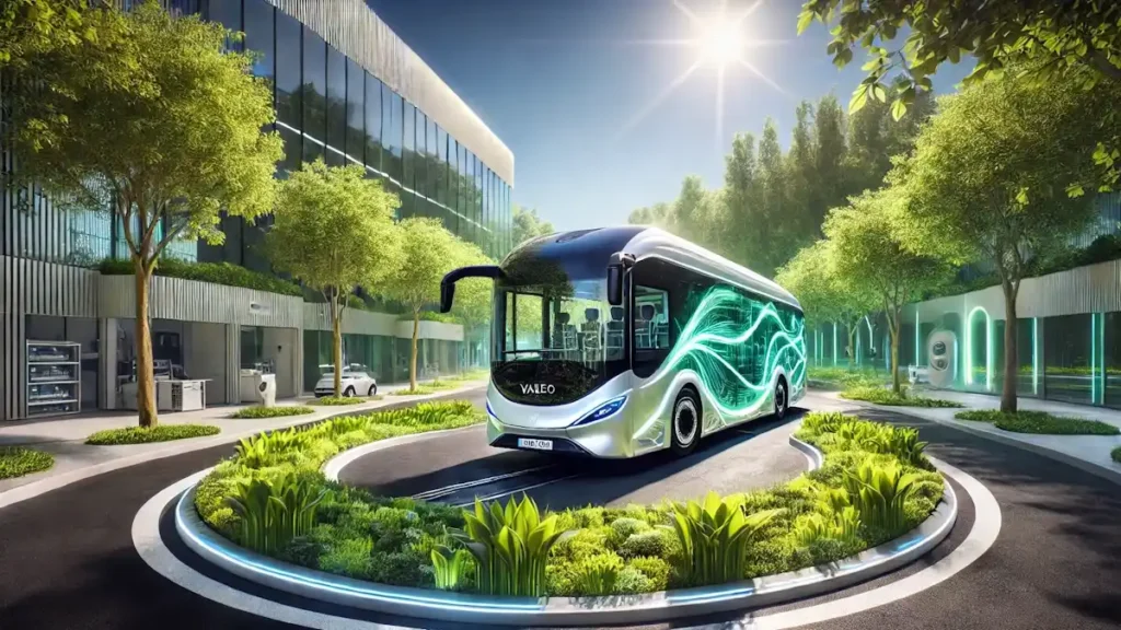 Ônibus elétrico futurista, exemplo de eletrificação automotiva, testado no pátio da Valeo rodeado de árvores e prédios.