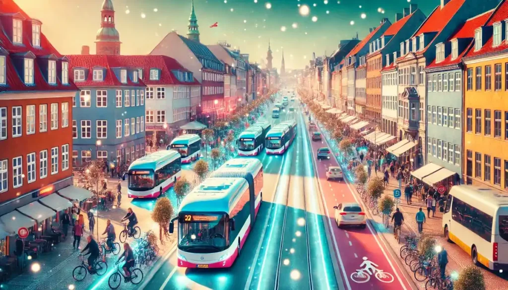 ESG mobilidade urbana transforma cidades: Copenhague exibe ônibus elétricos e ciclovias entre prédios históricos.