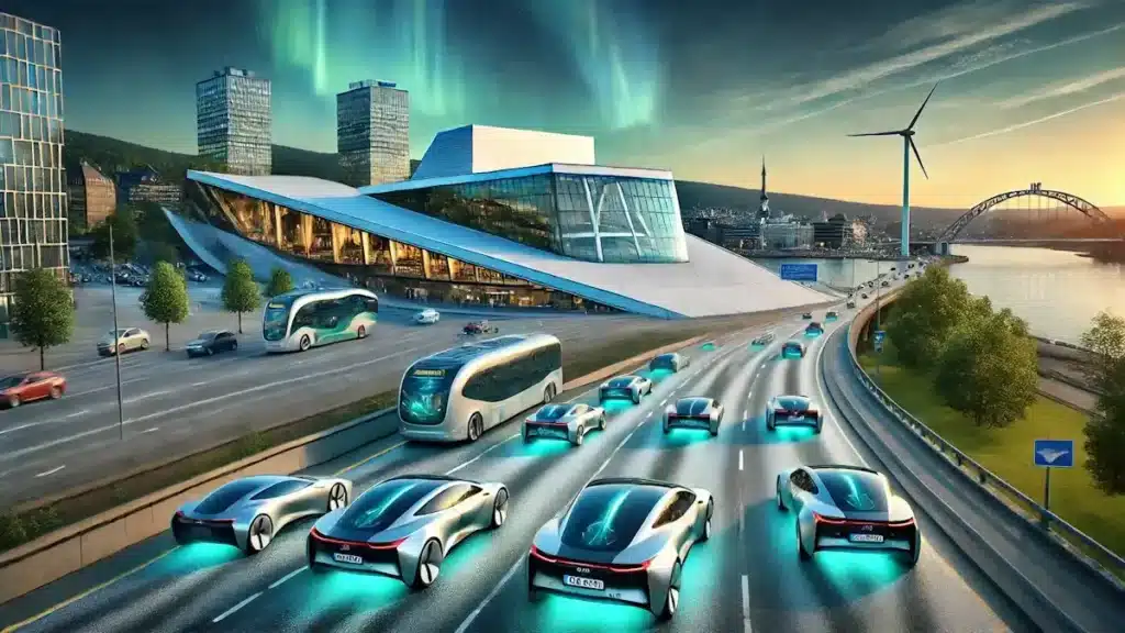 Eletrificação Veículos Mobilidade Urbana: 27 Aspectos Globais 1 A Eletrificação veículos mobilidade urbana e os carros elétricos no panorama da arquitetura moderna em Oslo futurista.