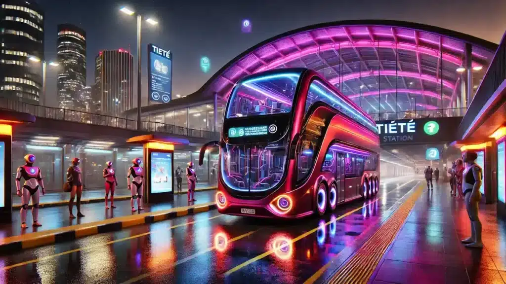 Ônibus futurista com soluções de climatização para ônibus chegando à estação Tietê em São Paulo.