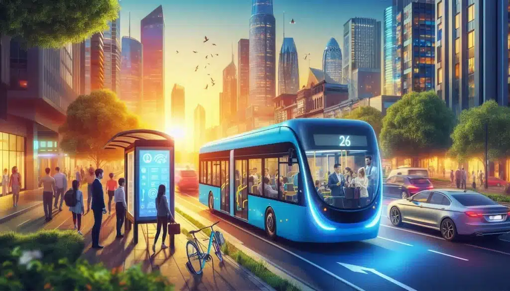 Ônibus elétrico azul brilhante em avenida movimentada, com parada inteligente e passageiros diversos em cidade moderna e colorida.