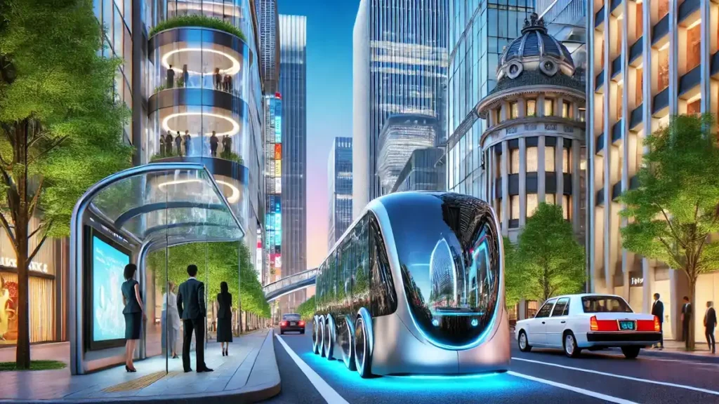 A mobilidade elétrica transforma cidades em uma cena futurista de avenida em Tóquio com arranha-céus e ônibus elétrico.