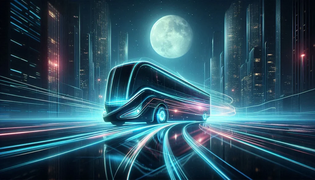 Ônibus futurista percorrendo as ruas de uma metrópole noturna.