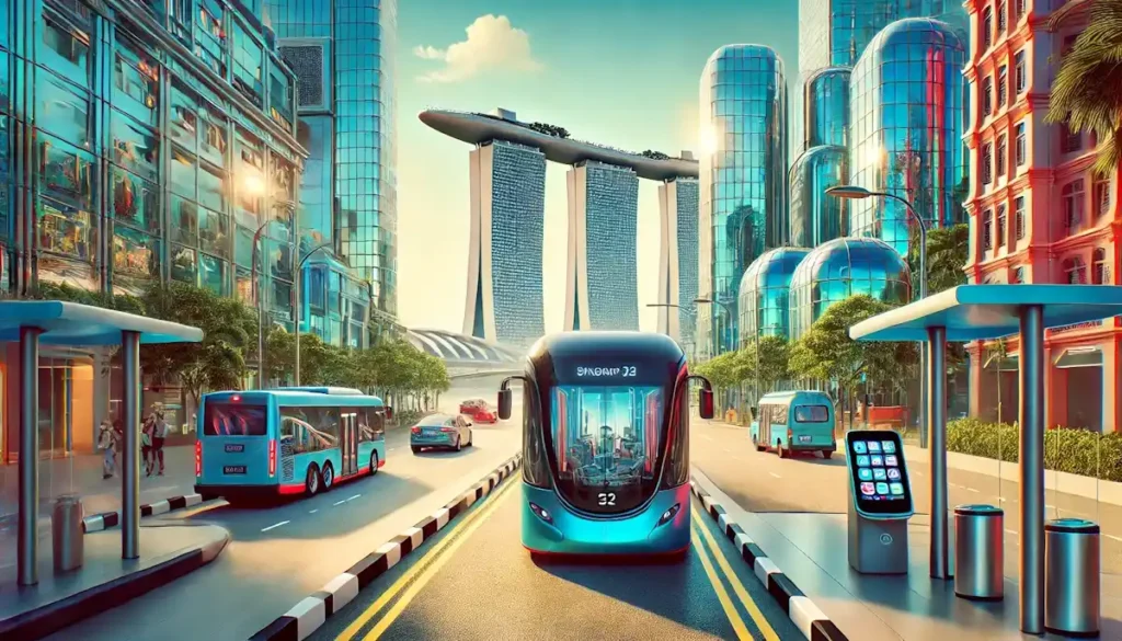 Vista futurista de Marina Bay, Singapura, com ônibus ultramodernos em sistemas inteligentes transporte.