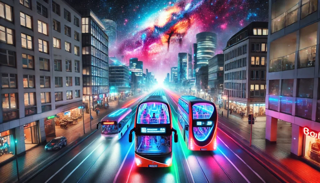 Dois ônibus modernos de dois andares em Hamburgo à noite, sob um céu cósmico com galáxias vibrantes e coloridas.