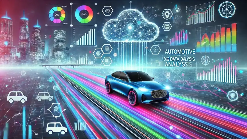13 Pilares da Análise Big Data Automotiva que Transformam Veículos 2 Carro futurista conectado com sensores e hologramas, representando a Análise Big Data Automotiva em uma cidade inteligente.