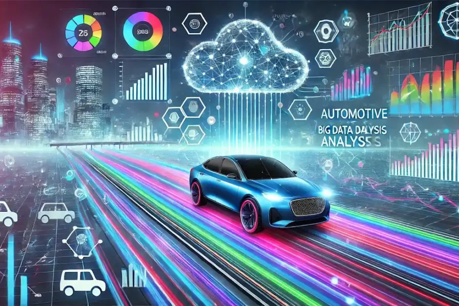 Carro futurista conectado com sensores e hologramas, representando a Análise Big Data Automotiva em uma cidade inteligente.