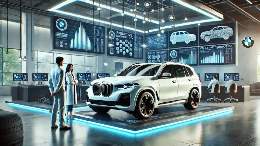 Cena de diagnóstico preditivo automotivo com SUV BMW e equipamentos de alta tecnologia.