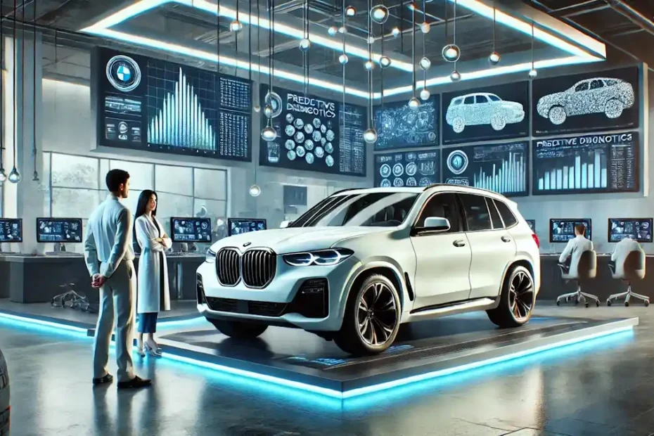 Cena de diagnóstico preditivo automotivo com SUV BMW e equipamentos de alta tecnologia.