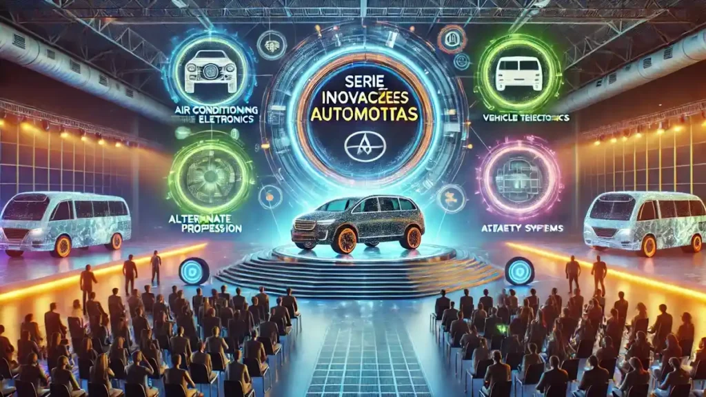 Palco futurista da Série Inovações Automotivas com hologramas de carros e tecnologia avançada.