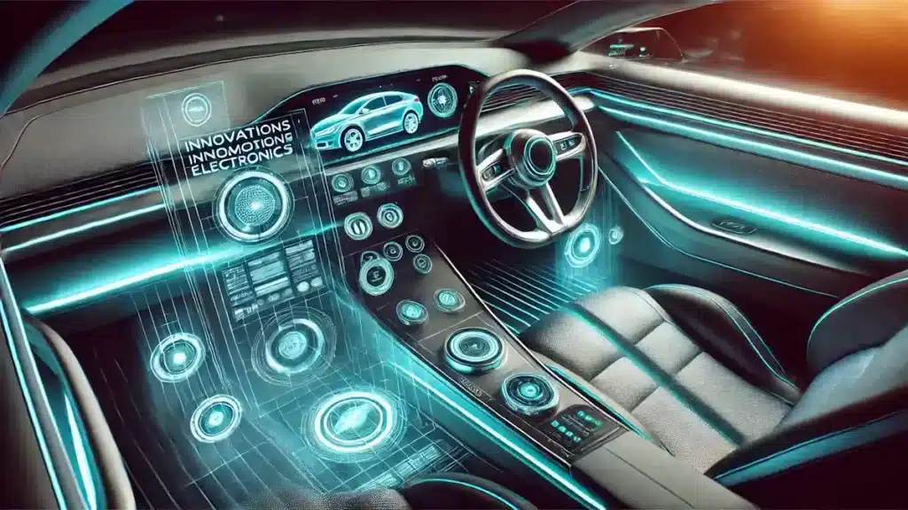 Cockpit futurista com displays holográficos mostrando Inovações em Eletrônica Automotiva e iluminação moderna.