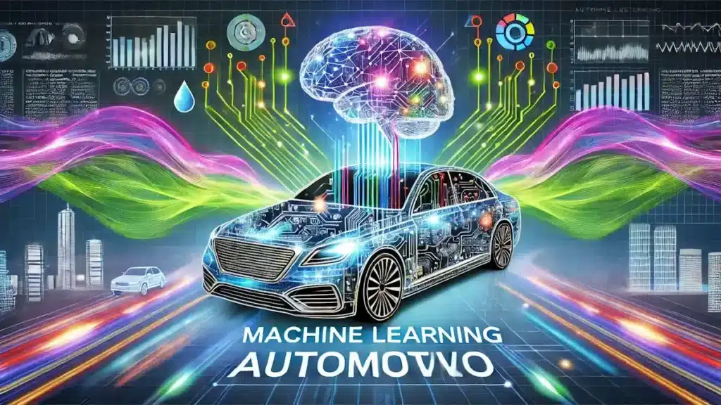 13 Aplicações do Machine Learning Automotivo Transformam Veículos 1 Carro futurista com circuitos e holograma cerebral, ondas de dados ao redor, simbolizando Machine Learning Automotivo.