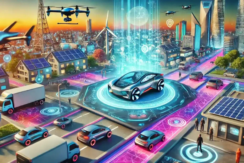 Inovações automotivas revolucionárias: carro flutuante com drones e estradas inteligentes em uma cidade futurista.