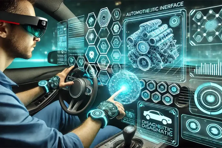 Cockpit futurista com Interface Intuitiva Automotiva, hologramas 3D azuis e mecânico usando óculos de realidade aumentada.