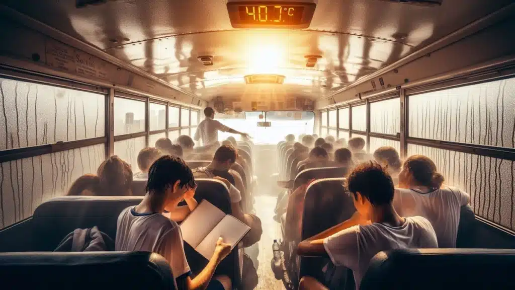 Engenharia de Climatização Automotiva Manual Técnico 2 Alunos sofrem com calor em ônibus sem engenharia de climatização automotiva adequada, indicando necessidade de melhorias.