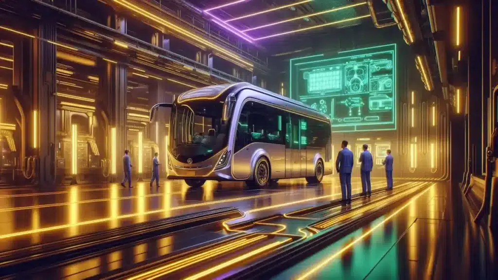 Sistema de Compressores Avançados para Ônibus Elétricos em inspeção técnica em ambiente de alta tecnologia e modernidade.
