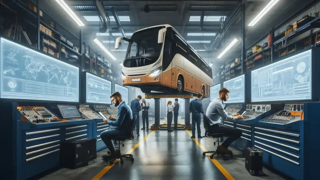 Equipe técnica consulta o Manual Técnico para Ônibus Rodoviário em oficina moderna com diagnóstico e tecnologia digital.