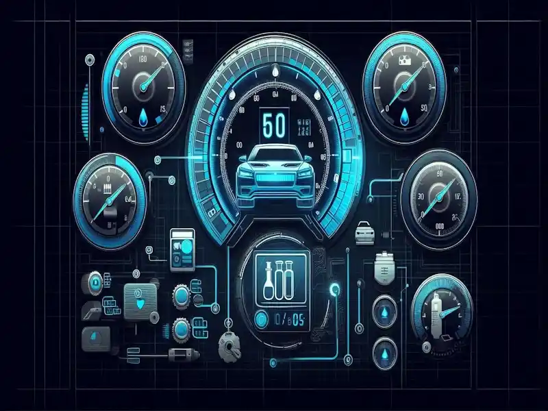 Painel digital moderno mostrando níveis de fluidos automotivos.