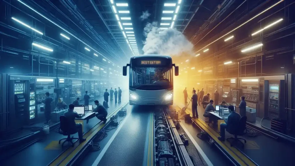 Otimização Técnica para Frotas de Ônibus com Eficiência 2 Otimização técnica para frotas de ônibus contrasta realidades: tecnologia avançada versus veículos sem manutenção adequada.