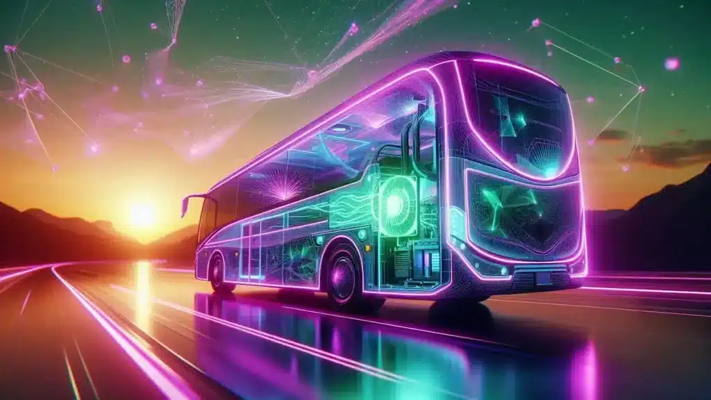 Sistemas de Refrigeração Inverter para Ônibus em visualização holográfica 3D mostra fluxos de ar e métricas digitais.