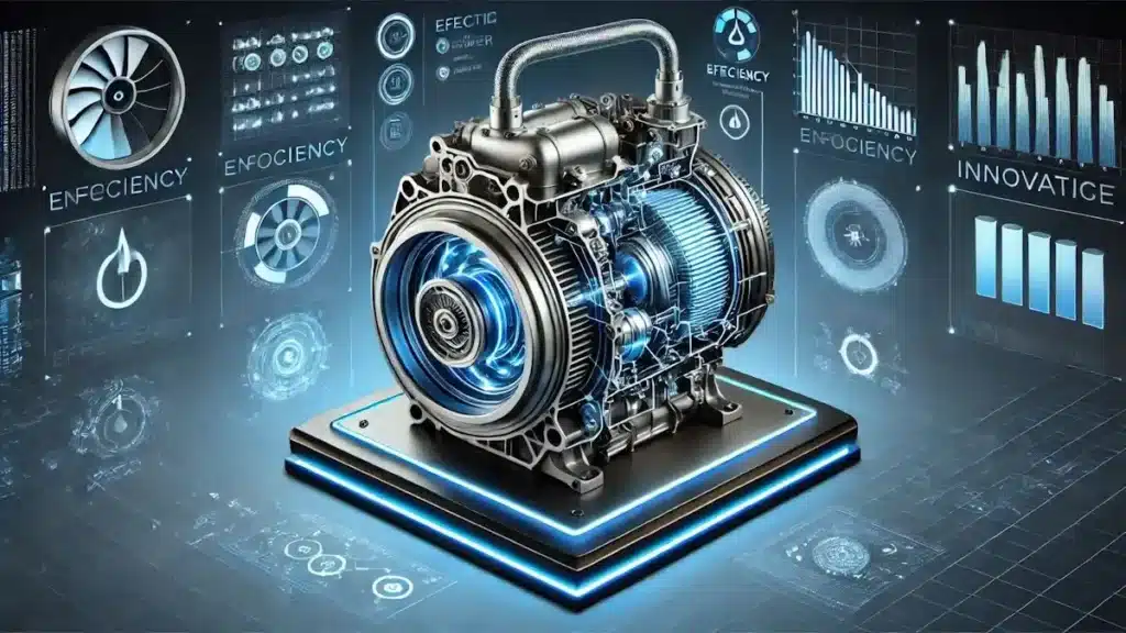 Eficiência de compressor veicular elétrico em corte, revelando elementos de sustentabilidade e economia de energia.